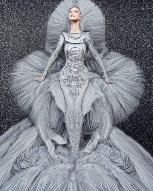 Image similar to a beautiful hyperrealistic ultradetailed 3D, one girl in a magnificent McQueen couture dress on Gray backdrop for photo, photo studio, studio photography, studio light, photo for magazine, Designer clothes, futuristic clothes, clothes from the future, voge photo, fashion style, fullbody, in full growth, Clear facial features, photorealistic, high resolution, trending on artstation, highly detailed, elegant, details, good clear quality, volumetric lighting,