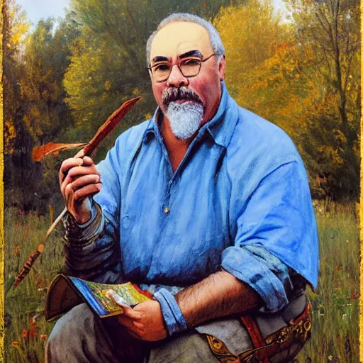 Prompt: Gary Gygax Gary Gygax plays dungeons and dragons in the middle of a field, Rye (Shishkin), painting by Ivan Shishkin, Ernest Gary Gygax face, photo by Gary Gygax, painting by Valentin Serov, oil painting