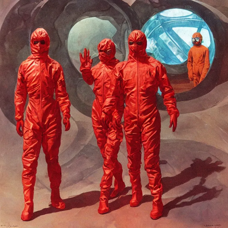 Prompt: two scientists wearing red hazmat suits entering geometric crystal dome by frank frazetta