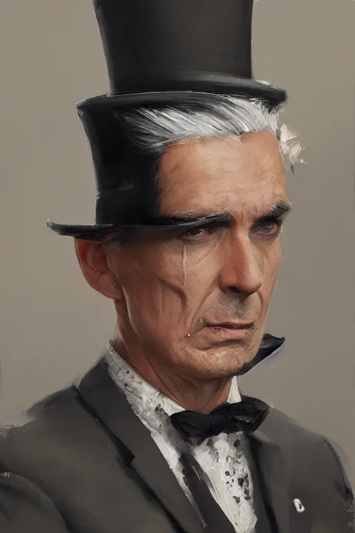 Image similar to a man grey hair with stubble top hat and suit by Greg Rutkowski, painting, portrait, high details, trending on artstation