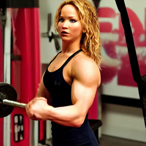 Image similar to first photos of 2 0 2 4 female pumping iron remake - muscular jennifer lawrence as conan, put on 1 0 0 pounds of muscle, looks different, steroids, hgh, ( eos 5 ds r, iso 1 0 0, f / 8, 1 / 1 2 5, 8 4 mm, postprocessed, crisp face, facial features )