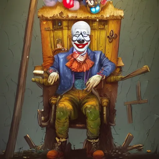 Prompt: sad klaus schwab wearing bizarre clown makeup, and intricate clown costume, sitting on a throne in an abandoned outhouse, by rossdraws, vivid colors, studio lighting, digital artwork, uhd, best of artstation