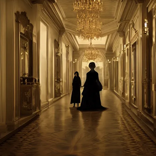 Image similar to a beautiful victorian woman is frightened by her doppleganger in a mirror. she is in a long hallway of mirrors. victorian interior, with many mirrors, elegant design, haunting atmosphere, dark lighting, gothic, horror style, swirling fog, volumetric lighting, by greg rutkowski, realistic, low angle, 3 / 4 view.