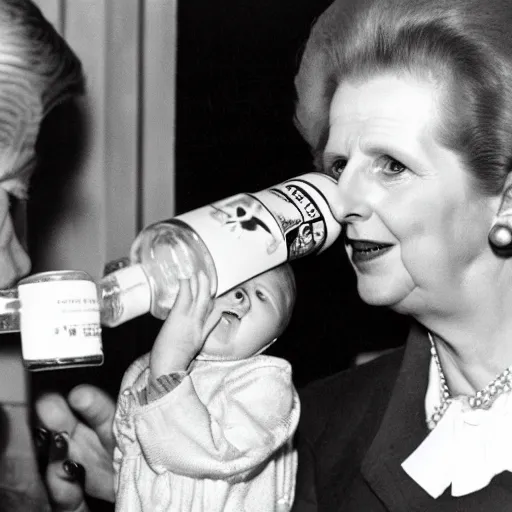 Image similar to margaret thatcher taking a bottle of milk from a baby