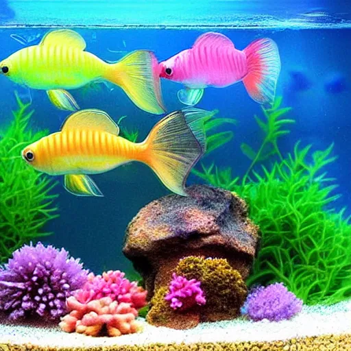 Image similar to cute kawaii fish tank, several fish swimming around, a small underwater house. Pastel colors