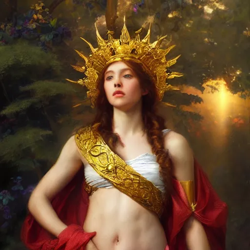 Image similar to a beautiful portrait of a sun goddess with a golden crown, sunlight beams, god rays, volumetric lighting, by daniel gerhartz, detailed, 8 k