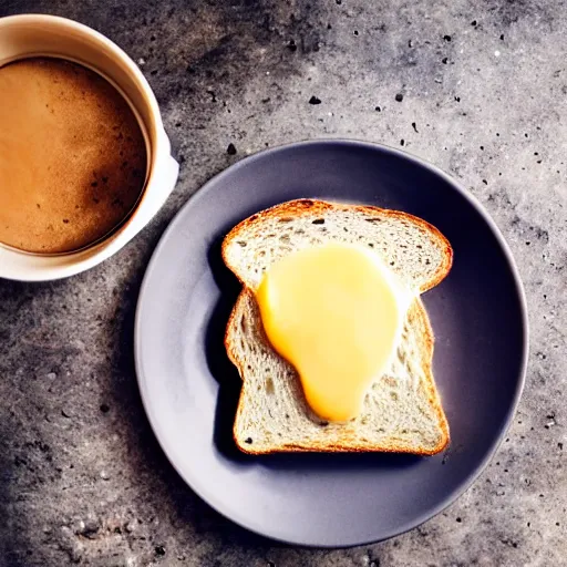 Image similar to sourdough toast with melted swiss cheese on a plate, morning light, cup of coffee