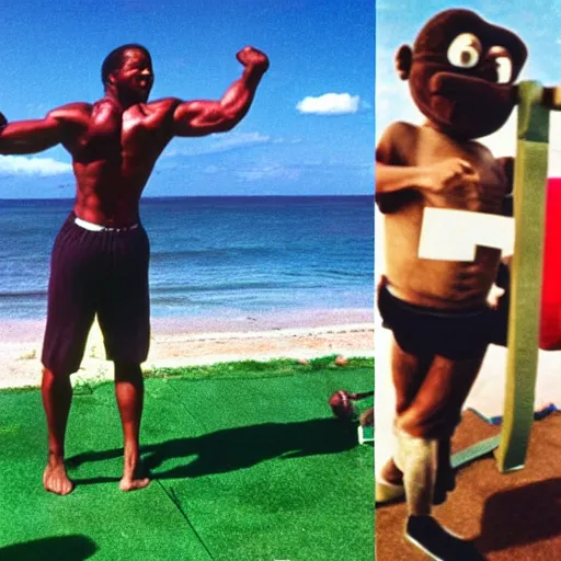 Prompt: denzel washington doing pull - ups on the beach with a teletubby custom