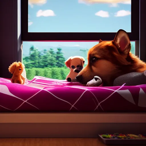 Image similar to eye - level view, in a child's bedroom filled with toys there is a bed under a window with a colorful bedspread. a super cute gsd puppy runs and jumps and plays with dog toys on the bed. hilarious, funny, back to school comedy, cg animation, 3 d octane render, imax 7 0 mm,