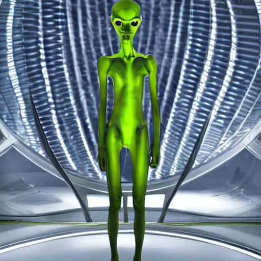 Image similar to tall skinny translucent skinned alien with sharp slimy teeth on the bridge of a sleek futuristic bright spaceship. Horror Sci-fi production photograph.