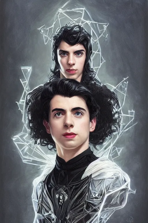 Prompt: portrait of Aidan Gallagher holding a tesseract, medium black hair, Nordic crown, black superhero tuxedo, fantasy, intricate, elegant, realistic, highly detailed, digital painting, artstation, concept art, smooth, sharp focus, illustration, art by artgerm and greg rutkowski and alphonse mucha