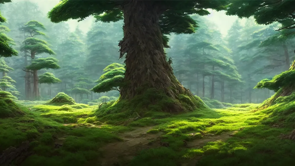 Image similar to forest clearing landscape, studio ghibli, pixar and disney animation, sharp, rendered in unreal engine 5, highly detailed, digital painting, artstation, concept art, smooth, sharp focus, illustration, wide angle, artbook, wallpaper, splash art, promo art, dramatic lighting, art by artgerm and greg rutkowski and bo chen and jin xiaodi