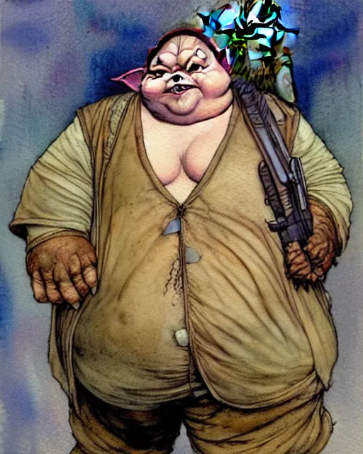 Image similar to a realistic and atmospheric watercolour fantasy character concept art portrait of a fat adorable dirty chibi yoda wearing a wife beater and holding a handgun, by rebecca guay, michael kaluta, charles vess and jean moebius giraud