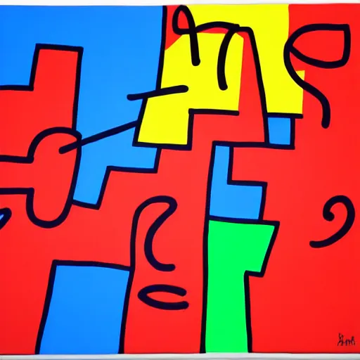 Prompt: acrylic abstract painting using primary red and blue on canvas, by keith haring and andy warhol