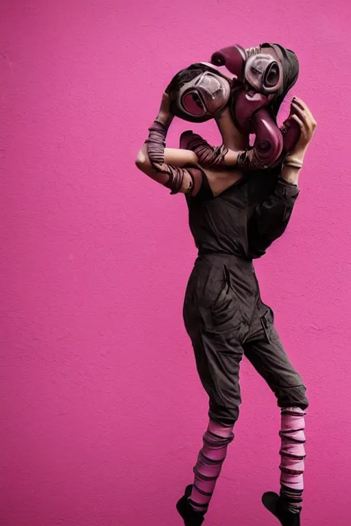 Image similar to a surreal portrait of intertwined and contorted figures wearing gas mask next to a pink wall in the style of brooke didonato, editorial fashion photography from vogue magazine, full shot, nikon d 8 1 0, ƒ / 2. 5, focal length : 8 5. 0 mm, exposure time : 1 / 8 0 0, iso : 2 0 0