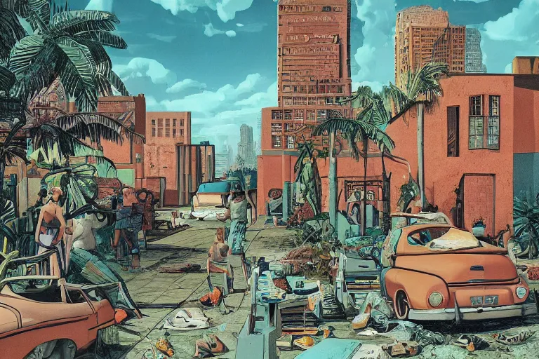 Prompt: full page illustrations of desolate city scenes on a hot summer evening, tropical color palette, by carel willink and gregory crewdson, comic book panels