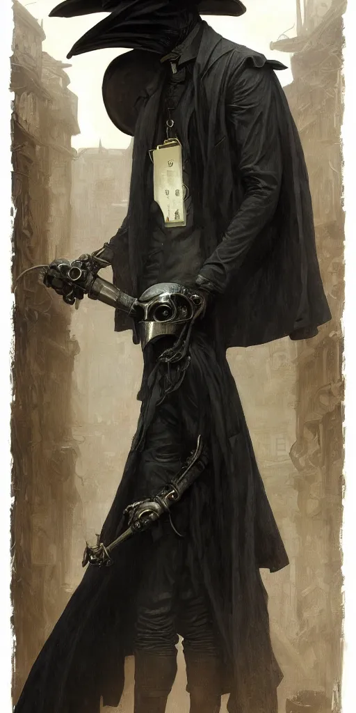 Prompt: portrait from the waist up of man in black trench coat, a steam punk plague doctor mask and a black top hat, highly detailed, artstation, concept art, by krenz cushart and donato giancola and william adolph bouguereau and alphonse mucha,