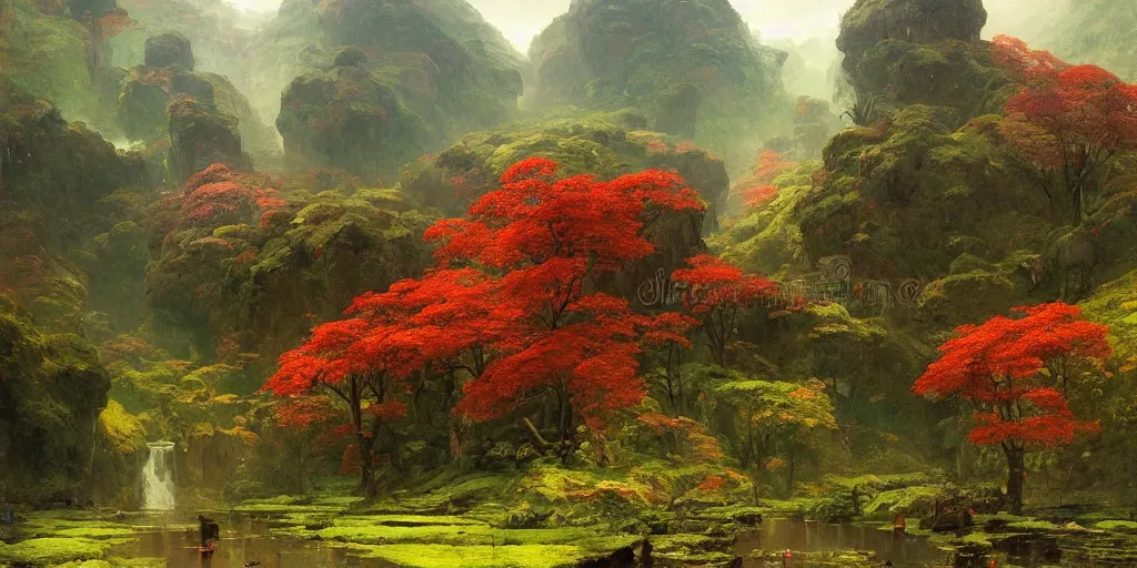 Prompt: beautiful landscape forests mountains rivers red and green leaves many layers waterfalls villages castles, buildings artstation illustration sharp focus sunlit vista painted by ruan jia raymond swanland lawrence alma tadema zdzislaw beksinski norman rockwell tom lovell alex malveda greg staples