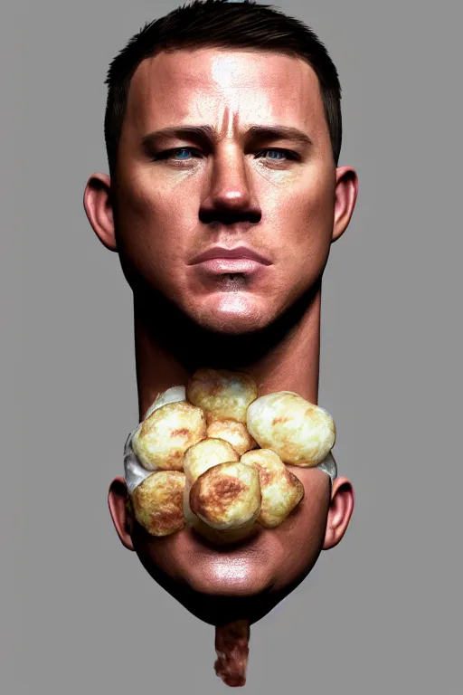 Prompt: a head shot of channing tatum as half human and a tater tot on a plate, tater tot face, ef 8 5 mm f 1. 8 usm, bionic scifi alexandre ferra, hyper detailed, digital art, trending in artstation, cinematic lighting, studio quality, smooth render, unreal engine 5 rendered, octane rendered