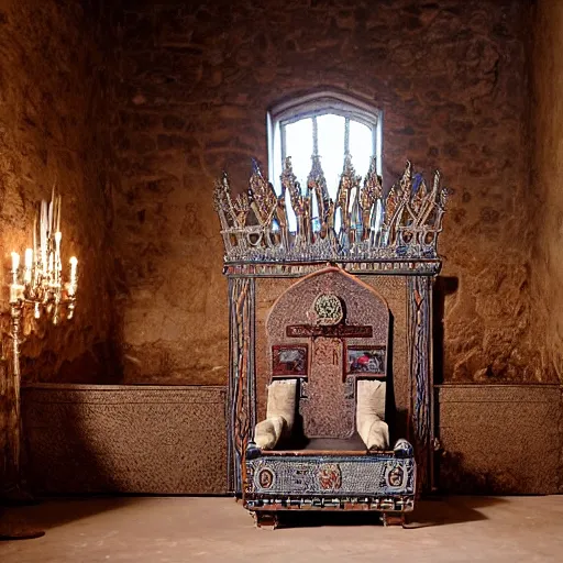 Image similar to a medieval throne room with a table and crystals as seats