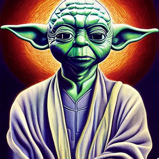 Image similar to yoda by alex grey and salvador dali, award winning profile illustration in high detail, surrealism