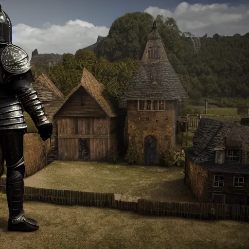 Prompt: a black knight standing in front of a village, full 8 k highly detailed unreal engine 5 render