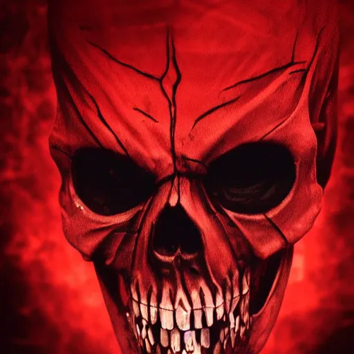 Image similar to horrific demon, skull face, red eyes, terror, horror, scary, nightmare, high quality, high resolution