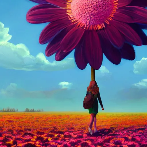 Image similar to giant daisy flower as head, full body girl walking in a flower field, surreal photography, sunrise, dramatic light, impressionist painting, colorful clouds, digital painting, artstation, simon stalenhag