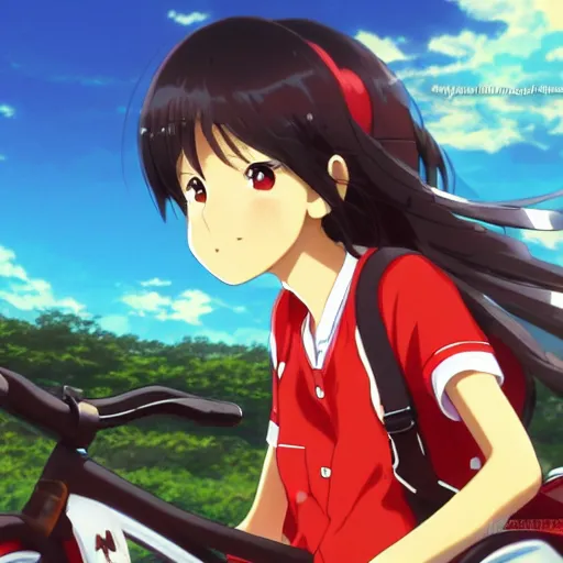 Image similar to close up of a high definition anime girl with red delivery clothes in a bike with armenia quindio in the background , Artwork by Makoto Shinkai, pixiv, 8k, official media, wallpaper, hd