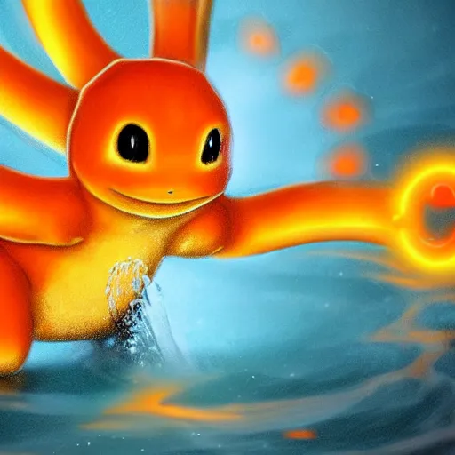 Prompt: a charmander with water powers, digital art, realistic,ocean background