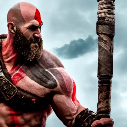 Image similar to ryan reynolds as kratos from god of war, holding a javelin, aggressive face, epic, cinematic shot, ultra realstic, 8 k