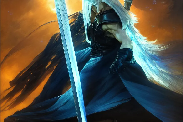 Image similar to ff 7 sephiroth, ( netease ), night, brilliant colors and hard shadows and strong rim light, colorful, night sky, cool white color temperature, blue hue, cool tones, painting by gaston bussiere, craig mullins, j. c. leyendecker