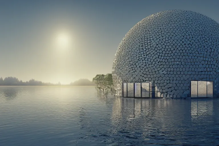 Image similar to many white round spherical buildings are crowded and combined to form a building on the calm lake, by pierre bernard, on the calm lake, people's perspective, future, interior wood, dusk, unreal engine highly rendered, global illumination, radial light, internal environment