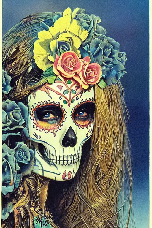 Image similar to Illustration of a sugar skull day of the dead girl, art by bruce pennington