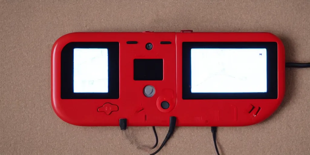 Prompt: heart monitor films on a wide red gameboy handheld console