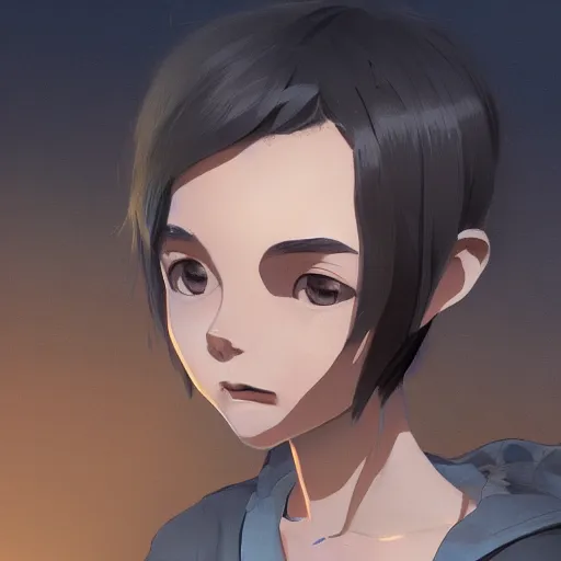 Image similar to a child with grey skin with blues and short brown hair, holding fire, highly detailed, digital painting, artstation, matte, by makoto shinkai, animation style