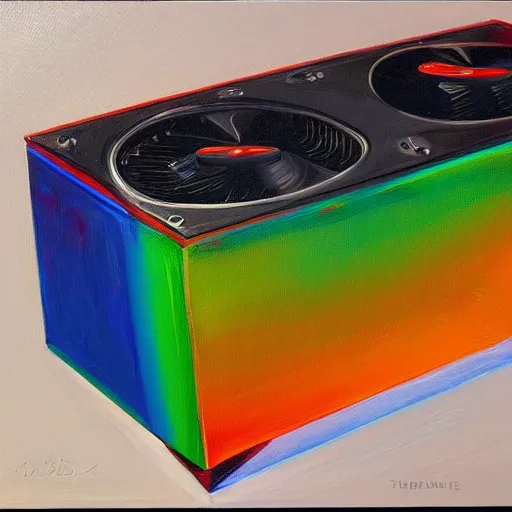 Prompt: a painting by Wayne Thiebaud of a high end Nvidia GPU RTX, cooling, high specs, ethereal!!!!!!!, by Wayne Thiebaud, neon gradient, highly detailed GPU