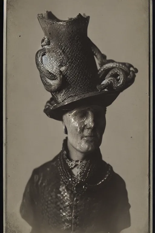 Prompt: a wet plate photo of a snake wearing a jester hat