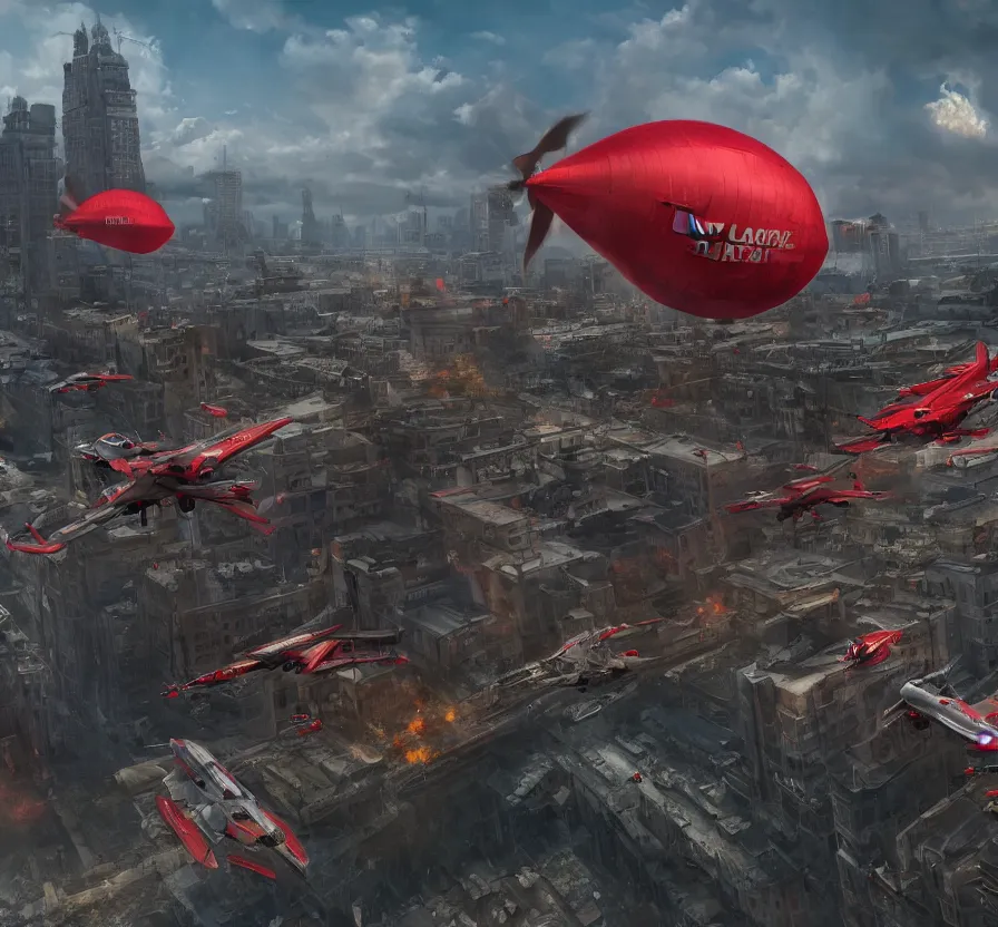 Image similar to red alert troops in real life invading city and kirov dirigible fly in sky, hd, hdr, ue 5, ue 6, unreal engine 5, cinematic 4 k wallpaper, 8 k, ultra detailed, by popular digital artist, beautiful image, resolution, artstation