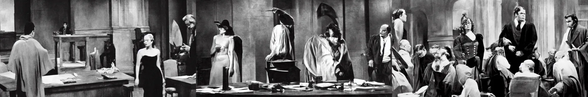 Prompt: still of the trial by orson welles in the style of a novel of marquis de sade starring ava gardner as the accused in the center of a large courtroom. a lawyer and a judge perform a tiring interrogation