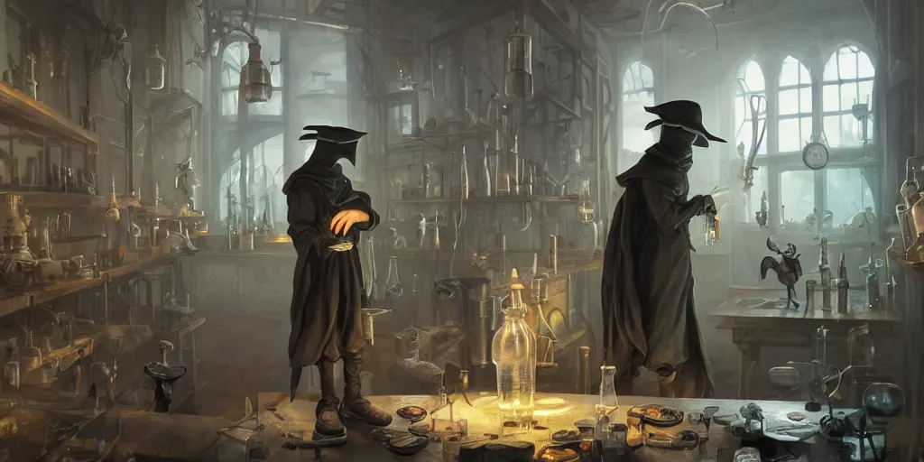 Image similar to a plague doctor and a humanoid rat in a laboratory with lots of flasks filled with magic liquids, stephen bliss, unreal engine, fantasy art by greg rutkowski, loish, rhads, ferdinand knab, ilya kuvshinov, rossdraws, tom bagshaw, global illumination, radiant soft light, detailed and intricate environment