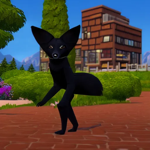 Image similar to humanoid anthropomorphic black fox as a character in The Sims 4, in game screenshot