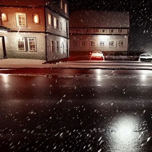 Prompt: snow dark rainy night, lights, swedish houses, cars driving on road, rain on screen, planes flying in sky, realistic, cinematic, raytracing, intense detail, artstation