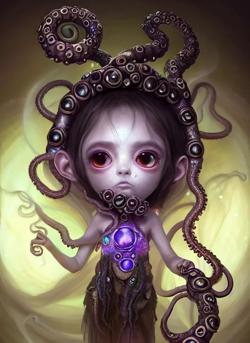 Image similar to A full shot of a cute magical monster Cryptid wearing a dress made of opals and tentacles. Chibi. Subsurface Scattering. Translucent Skin. Caustics. Prismatic light. defined facial features, symmetrical facial features. Opalescent surface. Soft Lighting. beautiful lighting. By Giger and Ruan Jia and Artgerm and WLOP and William-Adolphe Bouguereau and Loish and Lisa Frank. Sailor Moon. trending on artstation, featured on pixiv, award winning, sharp, details, intricate details, realistic, Hyper-detailed, HD, HDR, 4K, 8K.