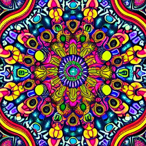 Image similar to vividly colored ornate psychedelic mandala pattern, intricate detail, complex patterns, high detail, symmetry