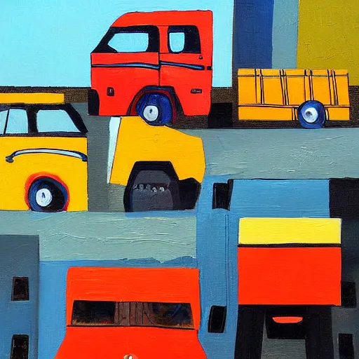 Image similar to an awesome painting with trucks by peter klasen
