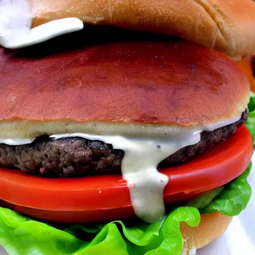 Image similar to patriot burger, a burger filled with lettuce, patty, ketchup, fried american flag, pickle, mayonnaise