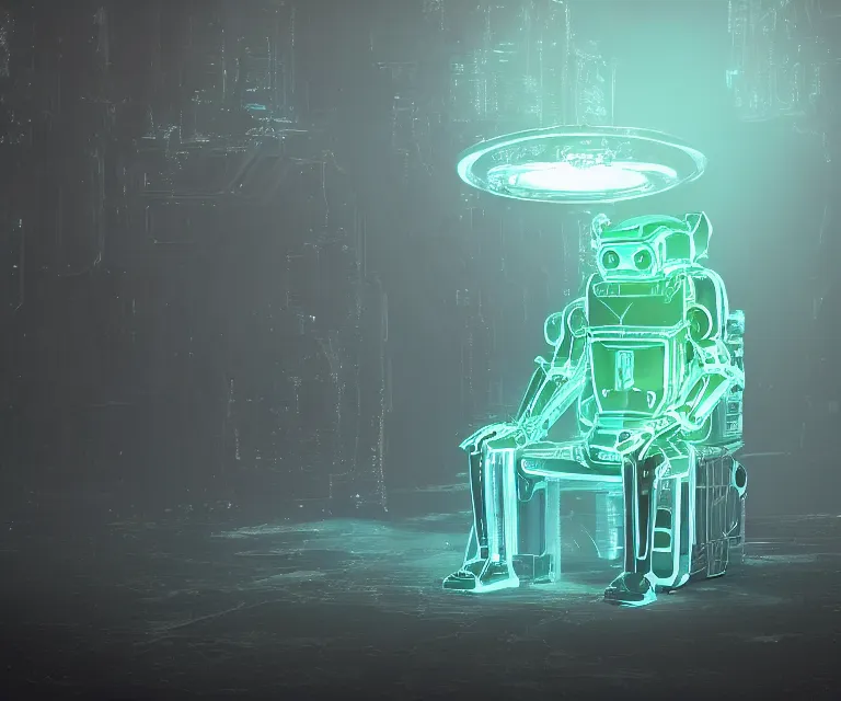 Image similar to glowing translucent robot sitting on an throne, futuristic castle background, fantasy sci - fi, sharp lines, metallic, 2 0 0 mm focus