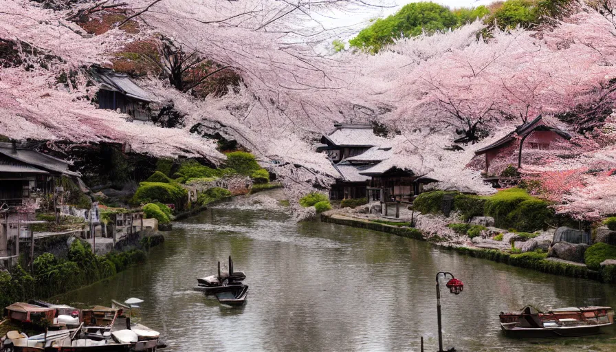 Image similar to japanese village with river, cherry blossoms, rustic houses, manga, hyperdetailed, artstation, cgsociety, 8 k