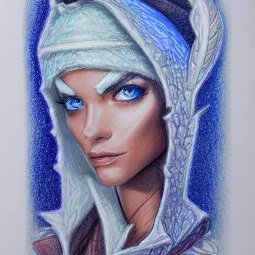 Image similar to Colored pencil art on paper, Frost Mage, highly detailed, artstation, Caran d'Ache Luminance